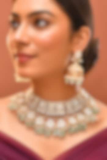 Gold Finish Green Kundan Polki Necklace Set by Adityam Jewels at Pernia's Pop Up Shop