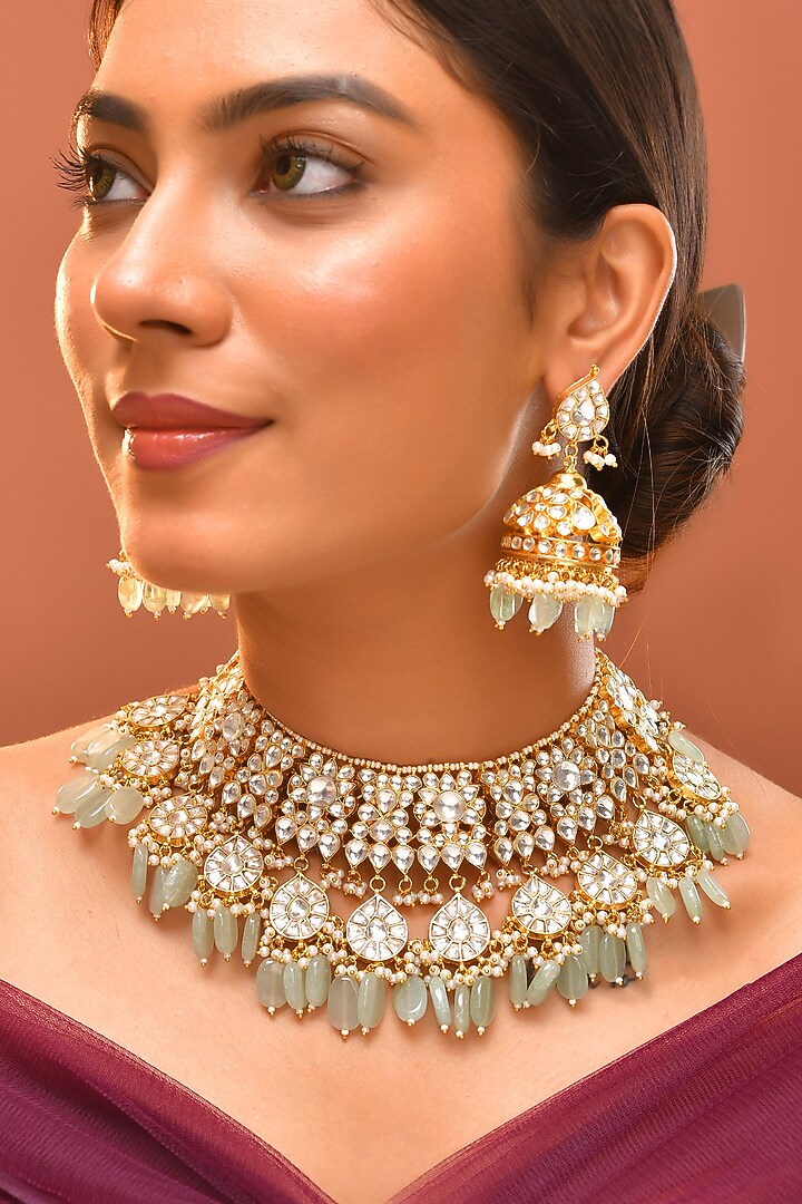 Gold Finish Green Kundan Polki Necklace Set by Adityam Jewels at Pernia's Pop Up Shop