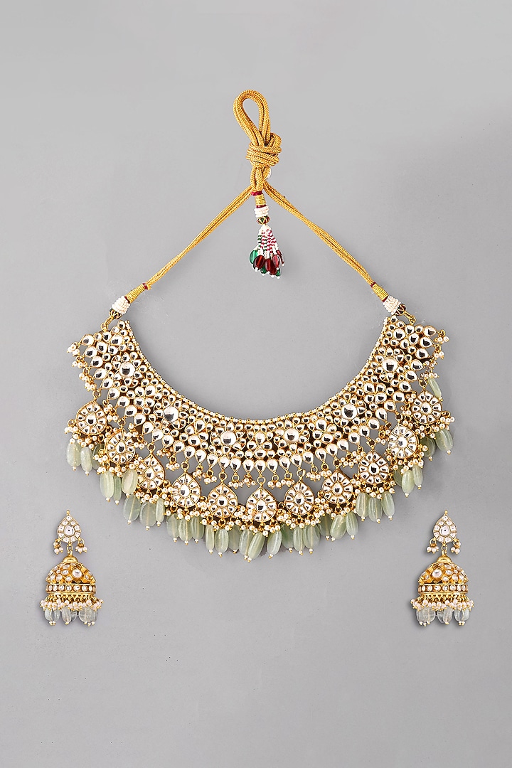 Gold Finish Green Kundan Polki Necklace Set by Adityam Jewels at Pernia's Pop Up Shop