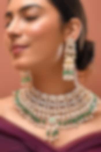 Gold Finish Green Kundan Polki Necklace Set by Adityam Jewels at Pernia's Pop Up Shop