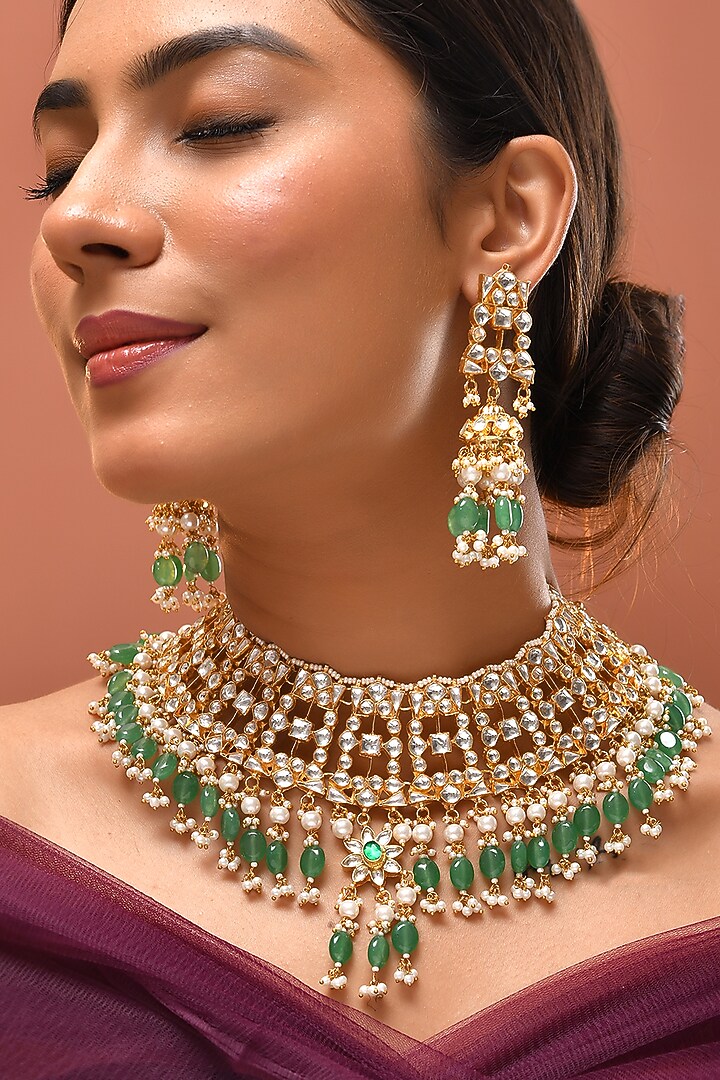 Gold Finish Green Kundan Polki Necklace Set by Adityam Jewels at Pernia's Pop Up Shop