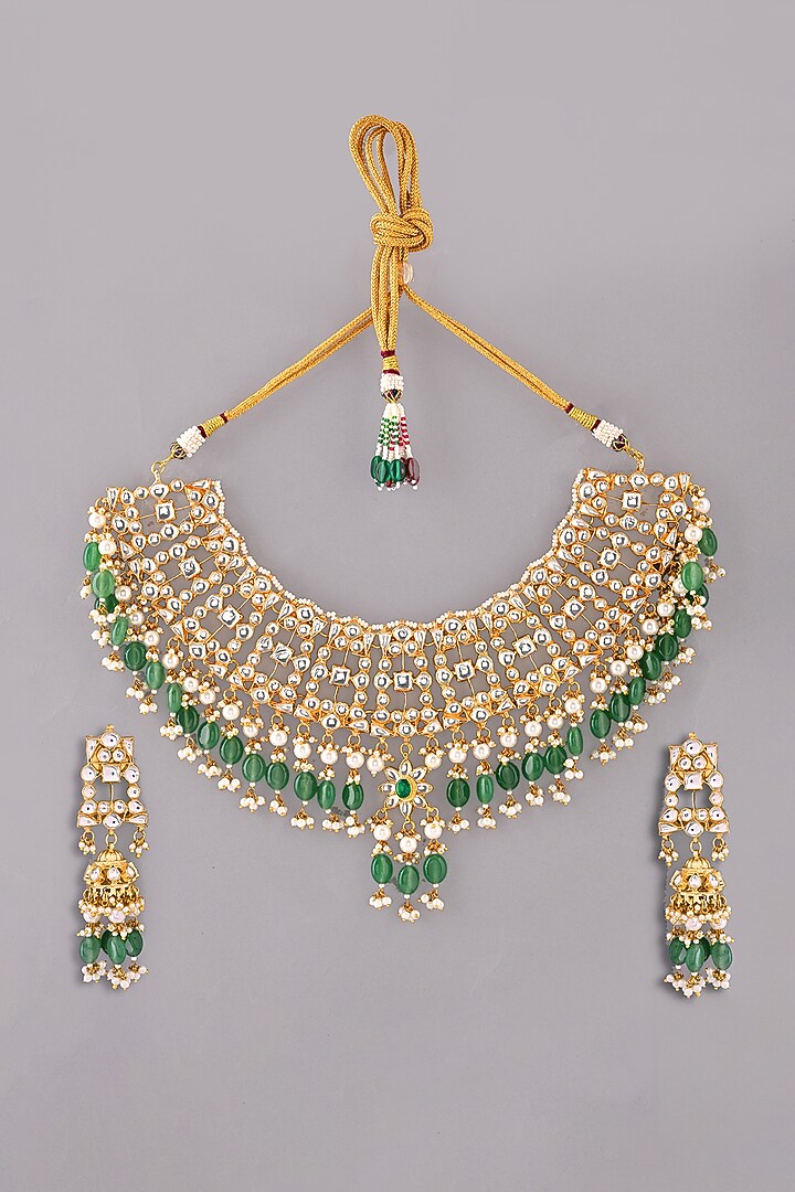 Gold Finish Green Kundan Polki Necklace Set by Adityam Jewels at Pernia's Pop Up Shop