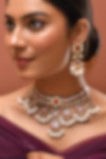 Gold Finish Red Kundan Polki Necklace Set by Adityam Jewels at Pernia's Pop Up Shop