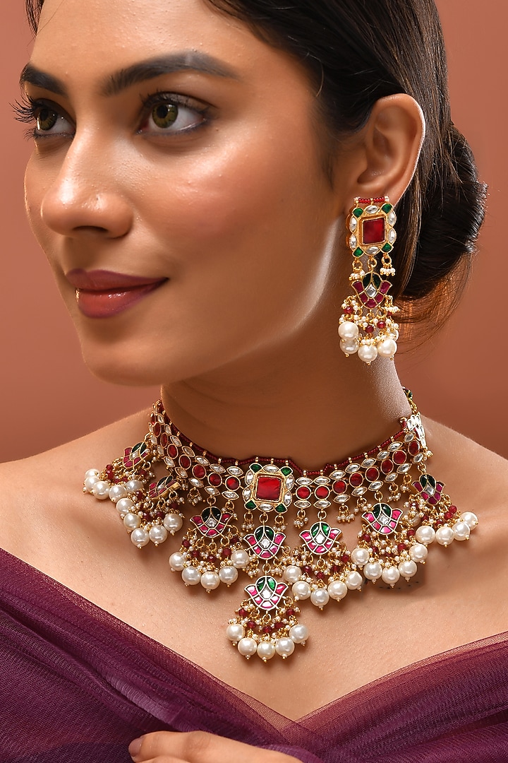 Gold Finish Red Kundan Polki Necklace Set by Adityam Jewels at Pernia's Pop Up Shop