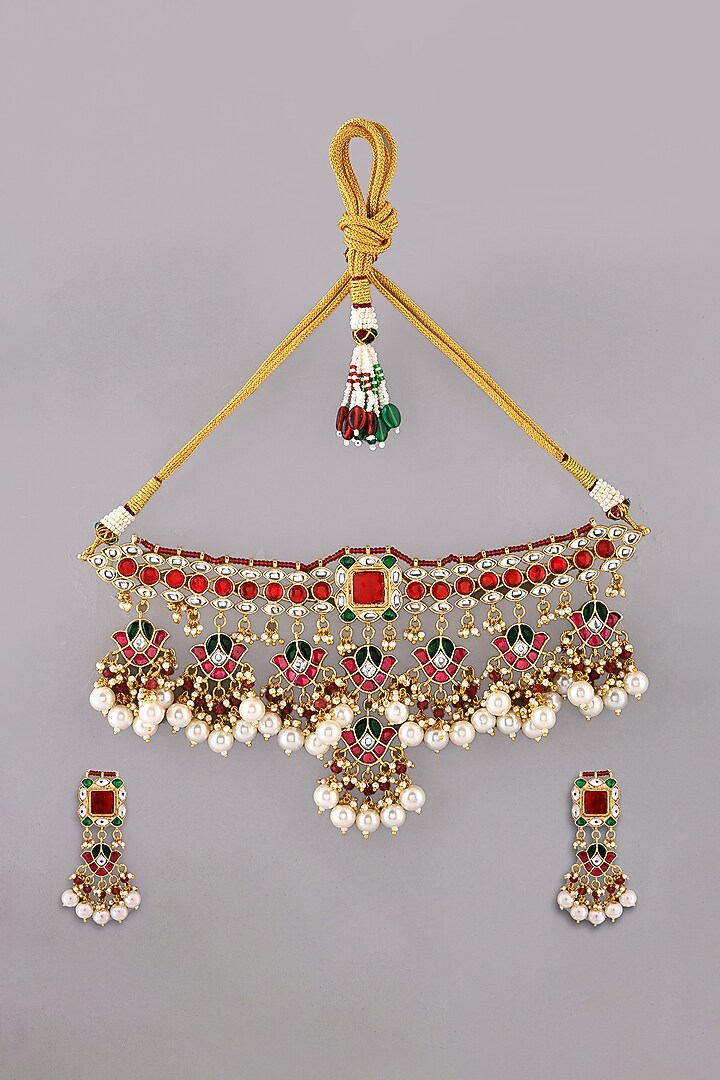 Gold Finish Red Kundan Polki Necklace Set by Adityam Jewels at Pernia's Pop Up Shop