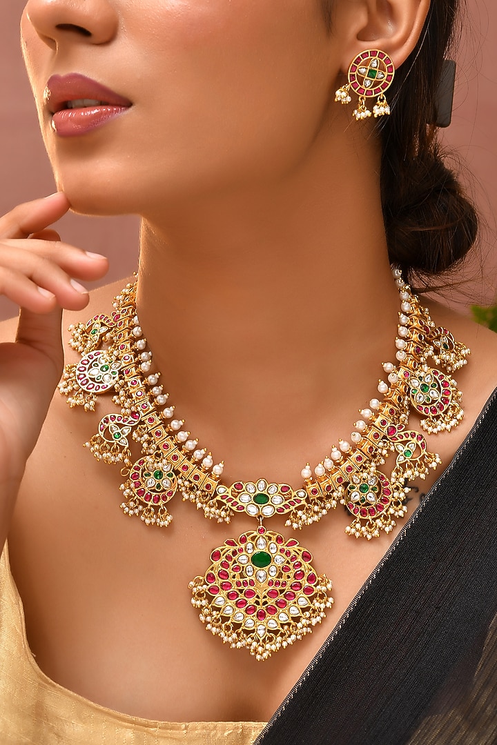 Gold Finish Red Kundan Polki Necklace Set by Adityam Jewels at Pernia's Pop Up Shop