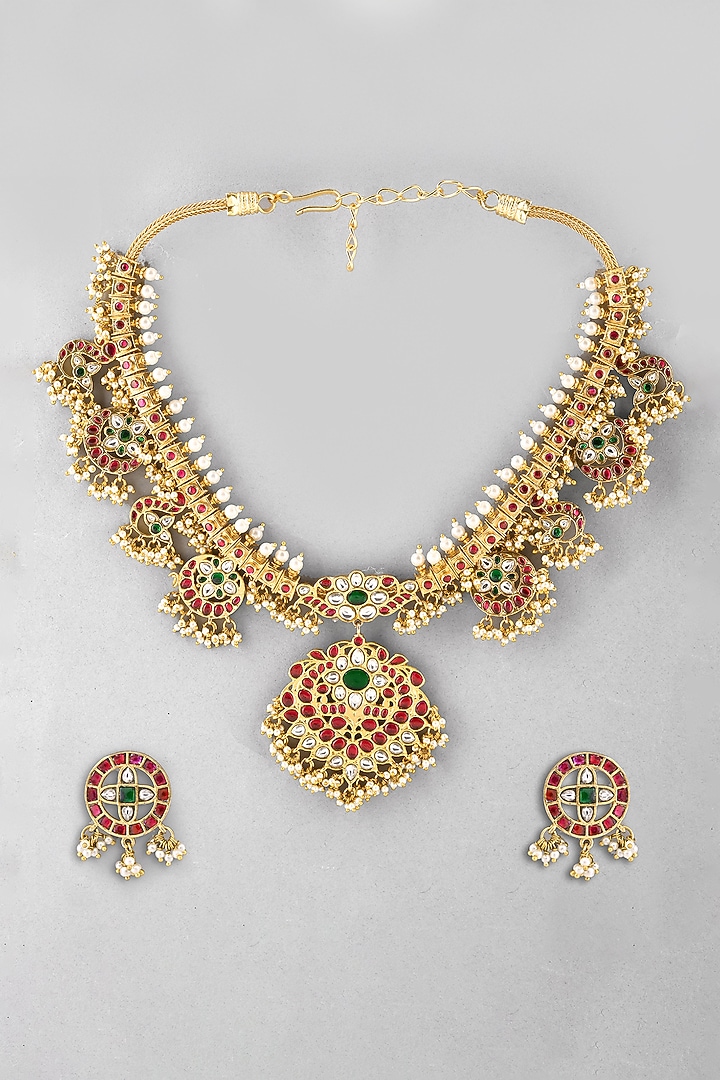 Gold Finish Red Kundan Polki Necklace Set by Adityam Jewels at Pernia's Pop Up Shop