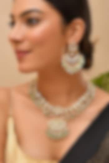 Gold Finish Green Kundan Polki Necklace Set by Adityam Jewels at Pernia's Pop Up Shop