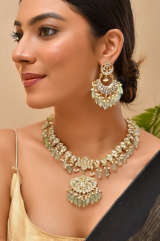 Gold Finish Green Kundan Polki Necklace Set by Adityam Jewels