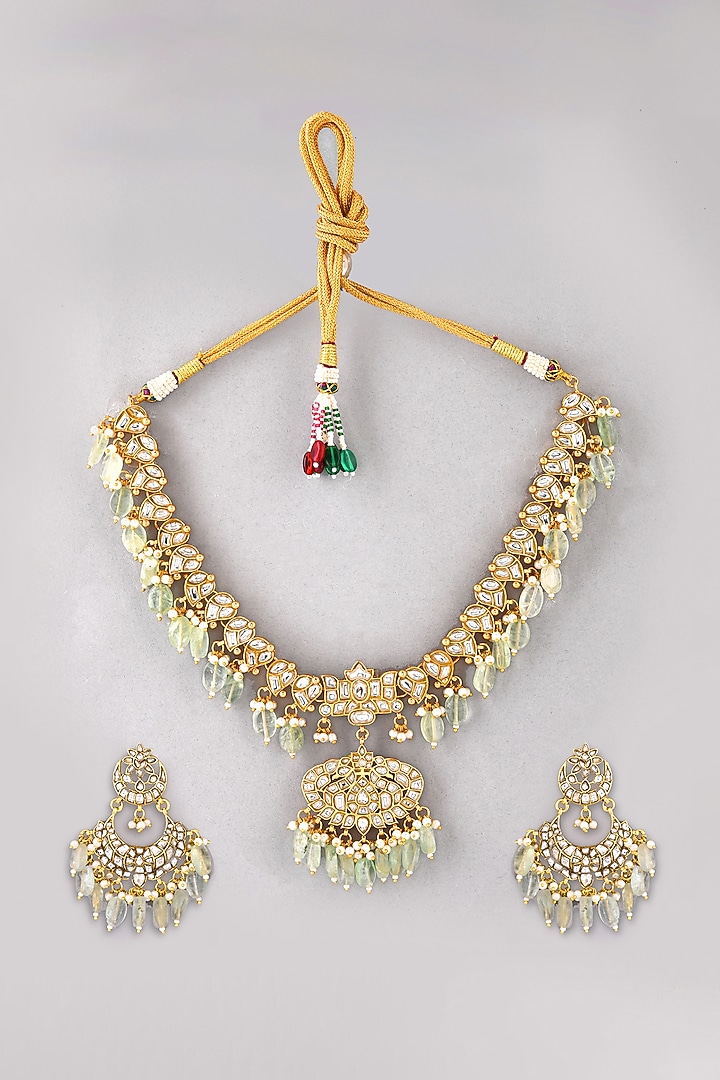Gold Finish Green Kundan Polki Necklace Set by Adityam Jewels at Pernia's Pop Up Shop