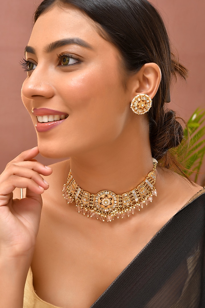 Gold Finish Kundan Polki Choker Necklace Set by Adityam Jewels at Pernia's Pop Up Shop