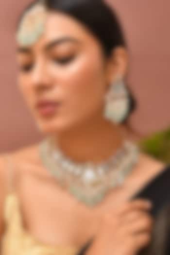 Gold Finish Green Kundan Polki & Mother Of Pearl Necklace Set by Adityam Jewels at Pernia's Pop Up Shop