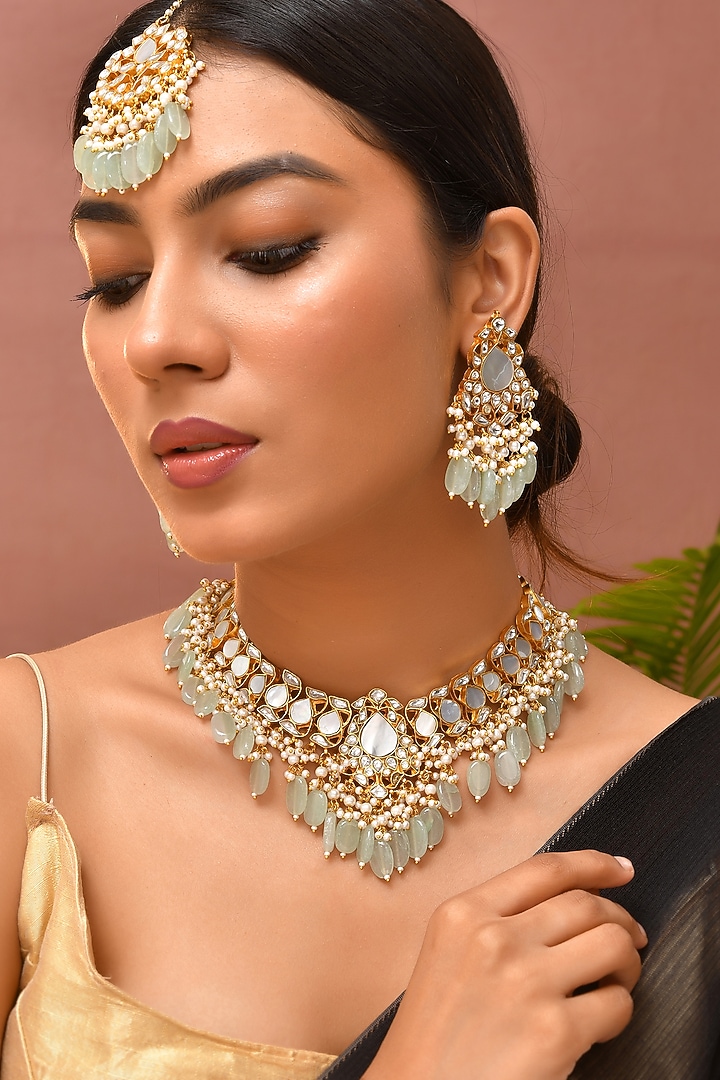 Gold Finish Green Kundan Polki & Mother Of Pearl Necklace Set by Adityam Jewels at Pernia's Pop Up Shop