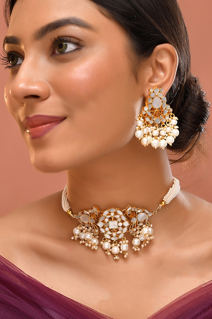 Gold Finish Kundan Polki & Mother Of Pearl Choker Necklace Set by Adityam Jewels at Pernia's Pop Up Shop