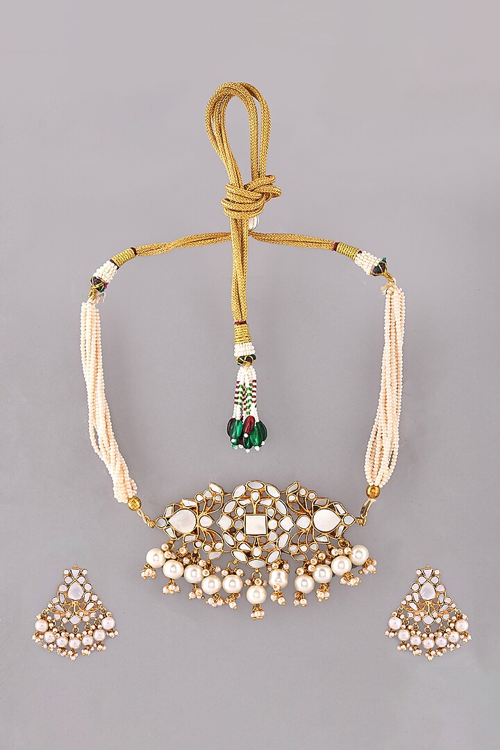 Gold Finish Kundan Polki & Mother Of Pearl Choker Necklace Set by Adityam Jewels at Pernia's Pop Up Shop