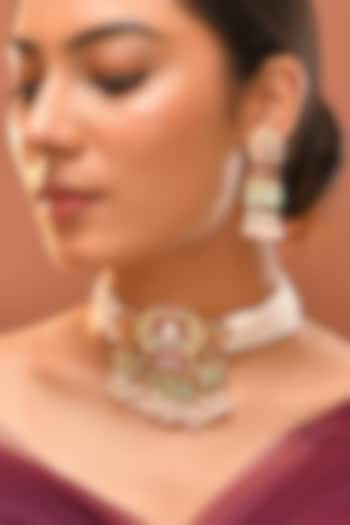 Gold Finish Green Kundan Polki & Mother Of Pearl Choker Necklace Set by Adityam Jewels at Pernia's Pop Up Shop