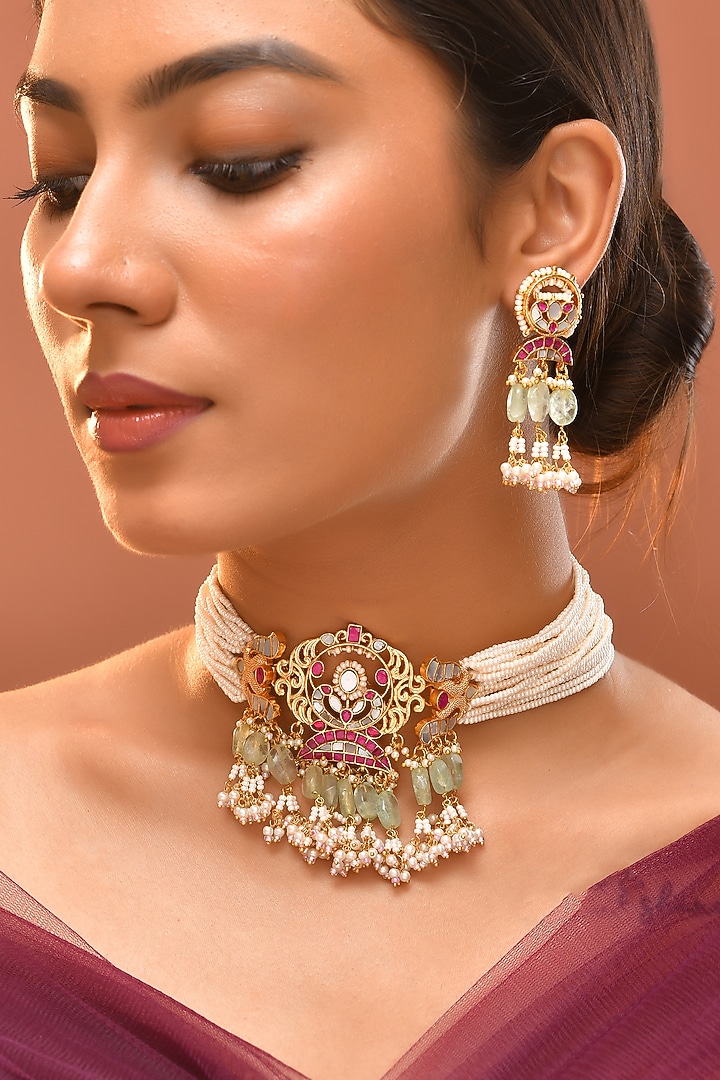 Gold Finish Green Kundan Polki & Mother Of Pearl Choker Necklace Set by Adityam Jewels at Pernia's Pop Up Shop