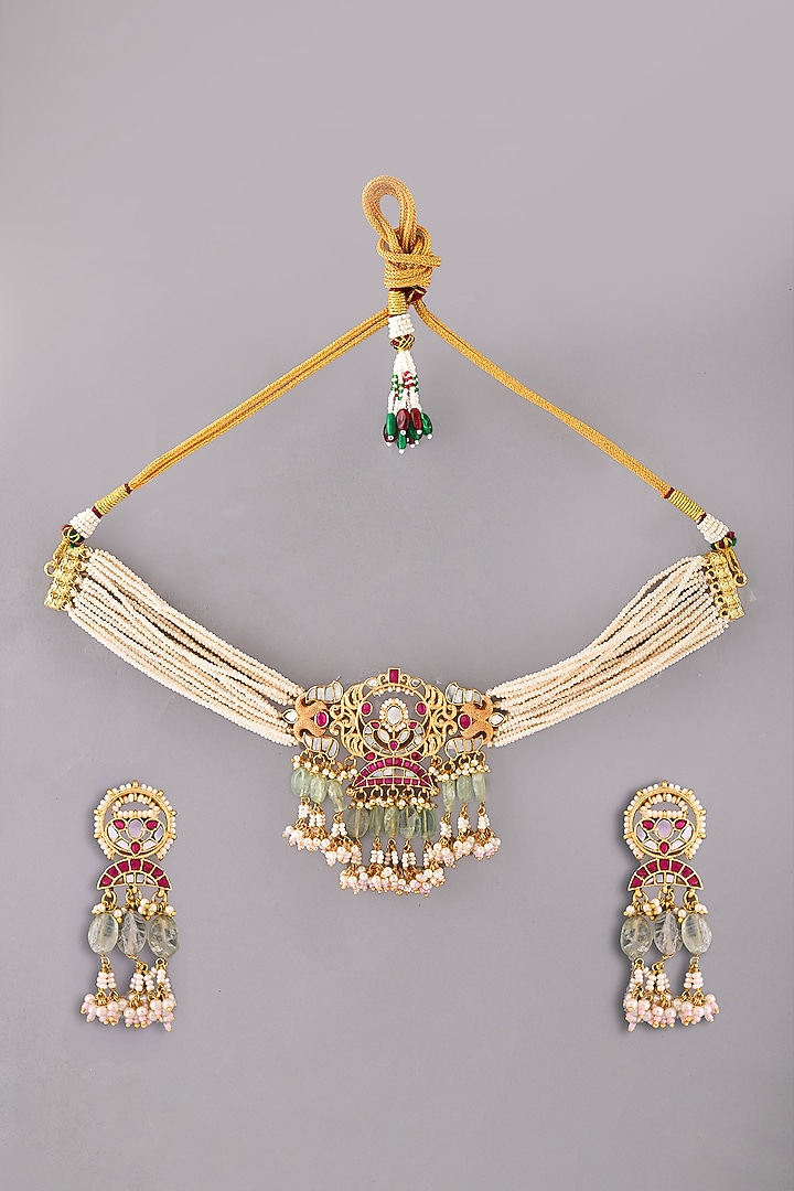 Gold Finish Green Kundan Polki & Mother Of Pearl Choker Necklace Set by Adityam Jewels at Pernia's Pop Up Shop