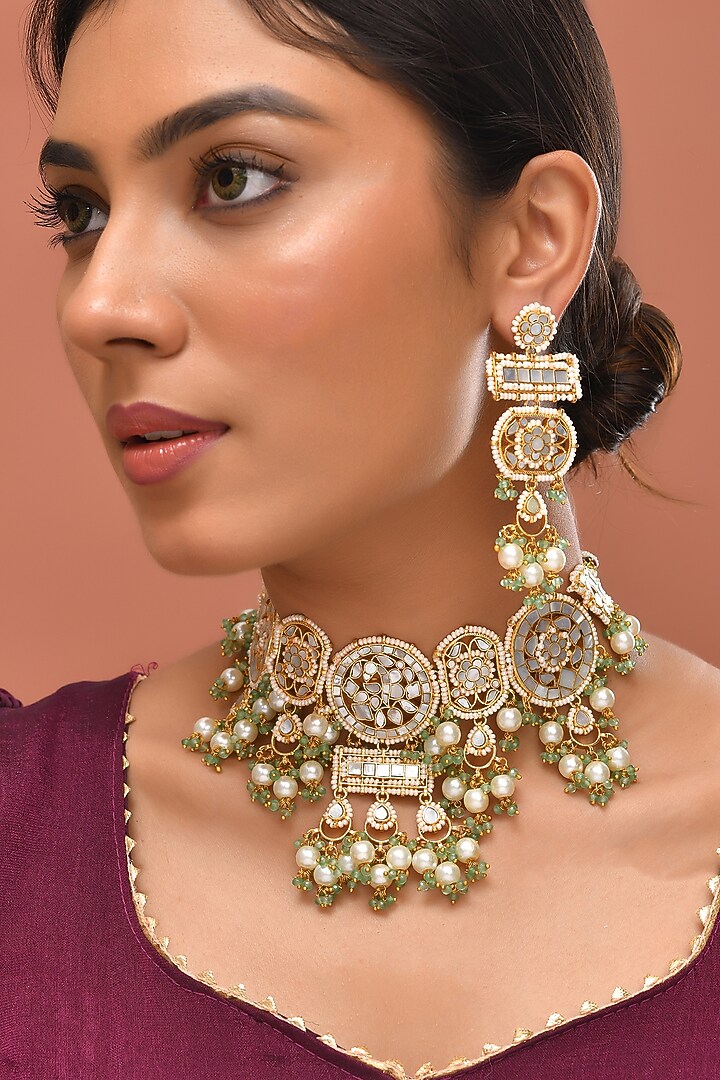 Gold Finish Kundan Polki & Mother Of Pearl Necklace Set by Adityam Jewels at Pernia's Pop Up Shop
