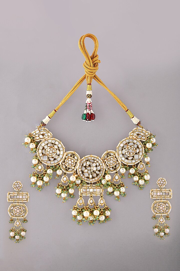 Gold Finish Kundan Polki & Mother Of Pearl Necklace Set by Adityam Jewels at Pernia's Pop Up Shop