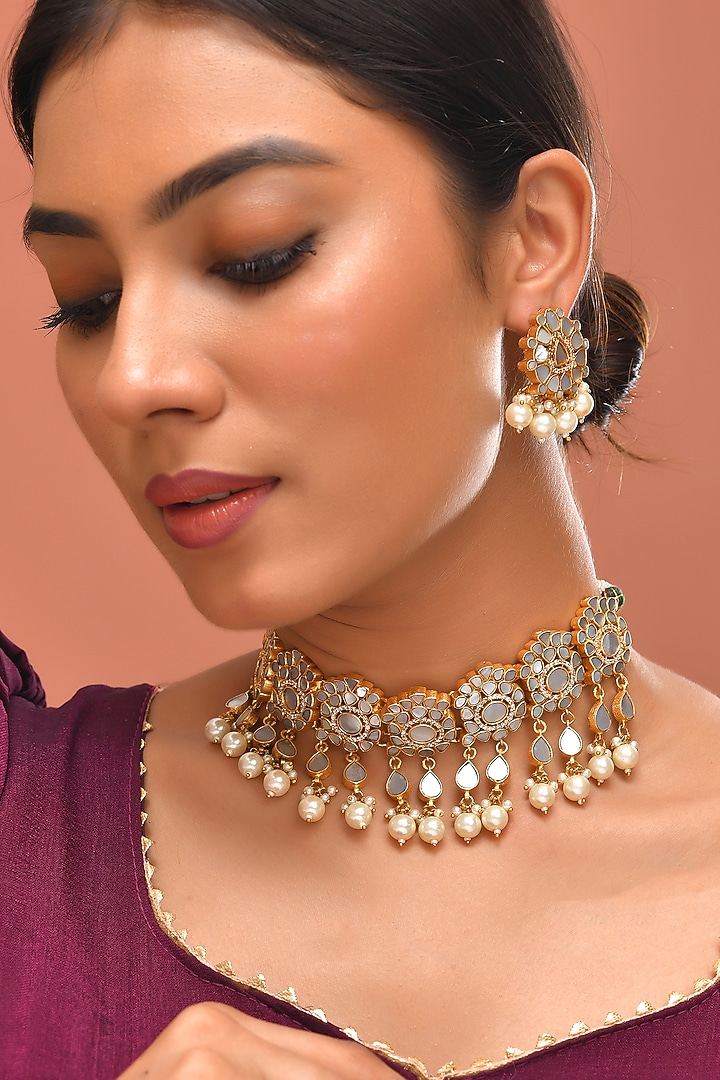 Gold Finish Mother Of Pearl Necklace Set by Adityam Jewels at Pernia's Pop Up Shop