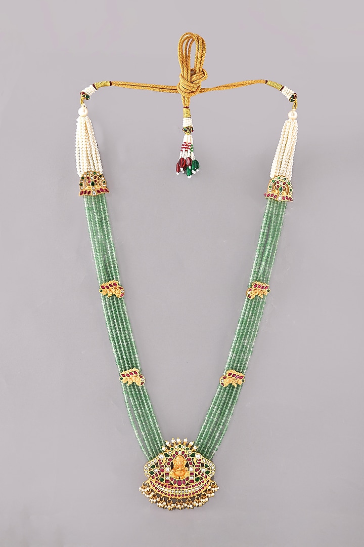 Gold Finish Green Kundan Polki Long Necklace by Adityam Jewels at Pernia's Pop Up Shop