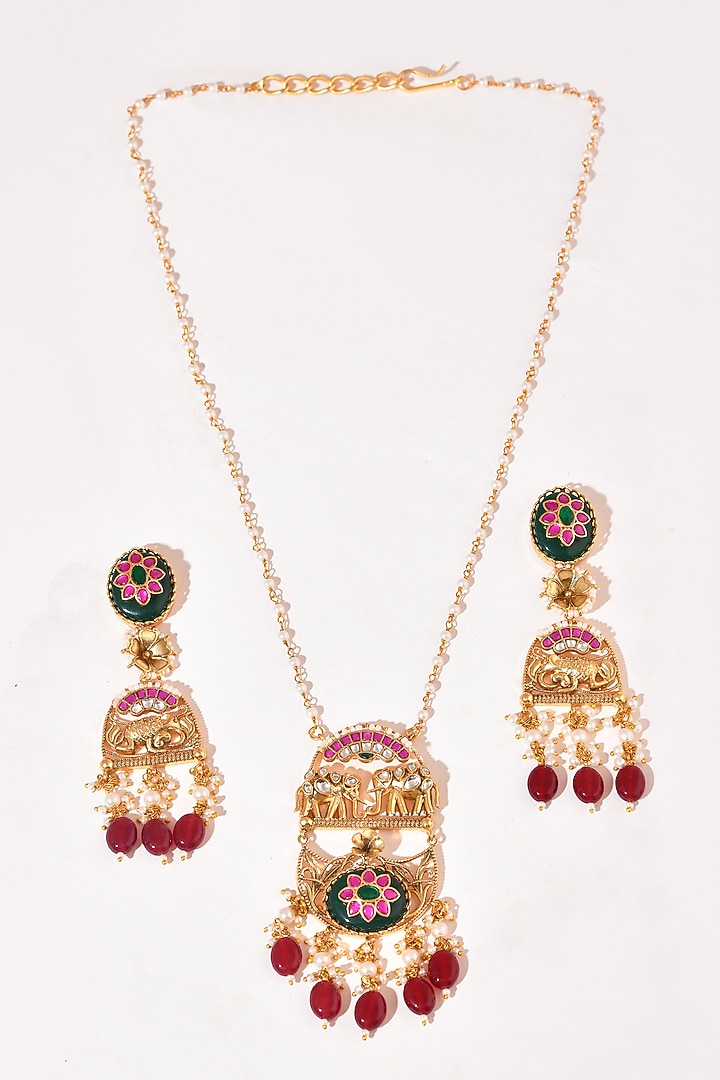 Gold Finish Kundan Polki Long Necklace by Adityam Jewels at Pernia's Pop Up Shop