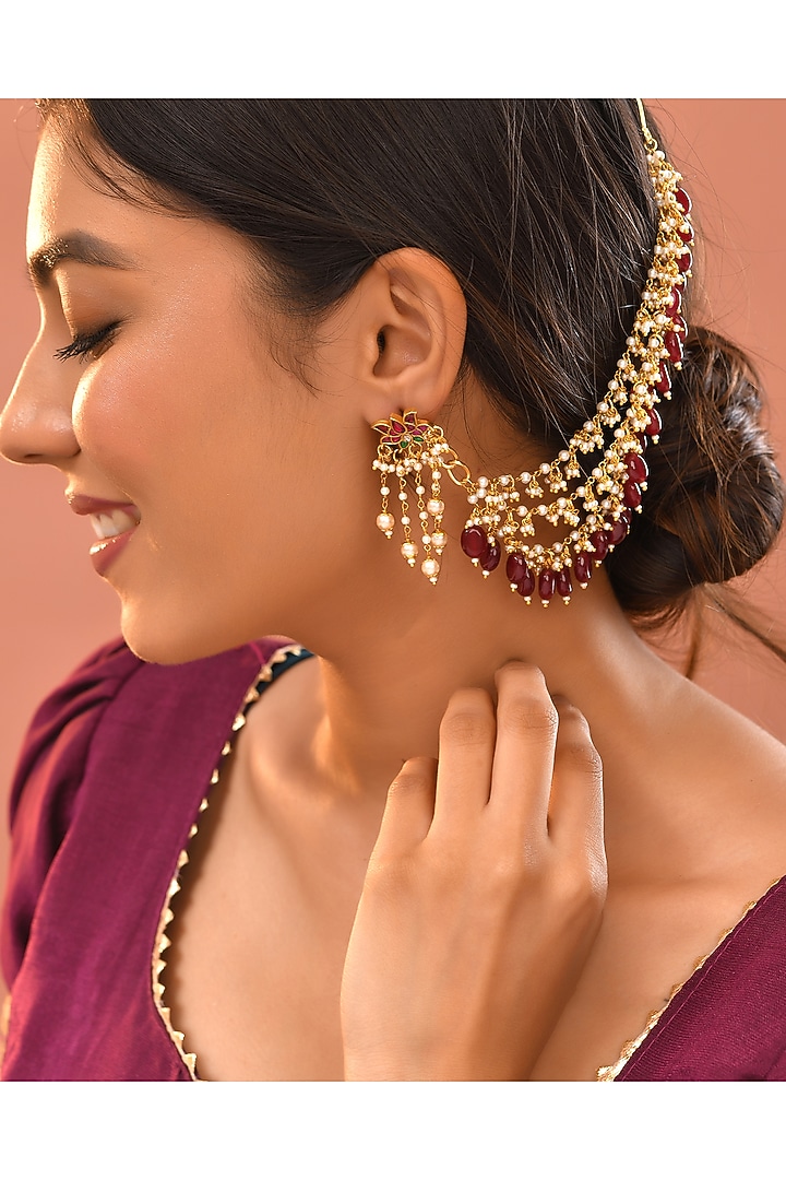 Gold Finish Red Kundan Polki Ear Chains by Adityam Jewels at Pernia's Pop Up Shop