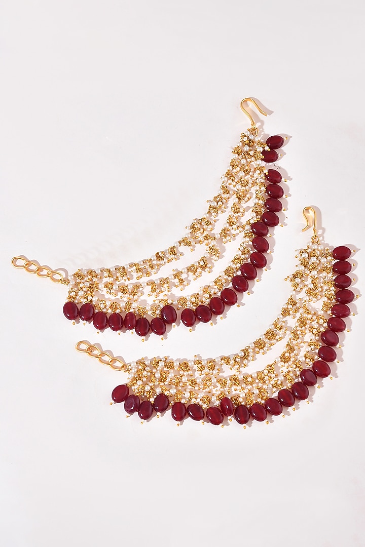 Gold Finish Red Kundan Polki Ear Chains by Adityam Jewels at Pernia's Pop Up Shop