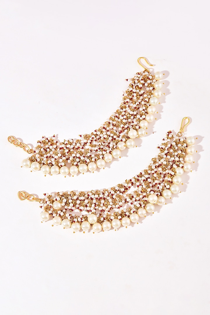 Gold Finish White Kundan Polki Ear Chains by Adityam Jewels at Pernia's Pop Up Shop