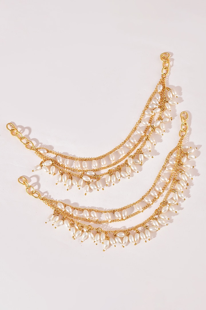 Gold Finish White Kundan Polki Ear Chains by Adityam Jewels at Pernia's Pop Up Shop
