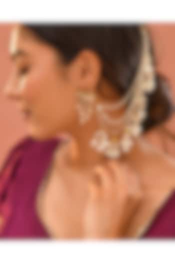 Gold Finish White Kundan Polki Ear Chains by Adityam Jewels at Pernia's Pop Up Shop