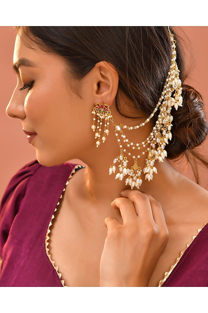 Gold Finish White Kundan Polki Ear Chains by Adityam Jewels at Pernia's Pop Up Shop