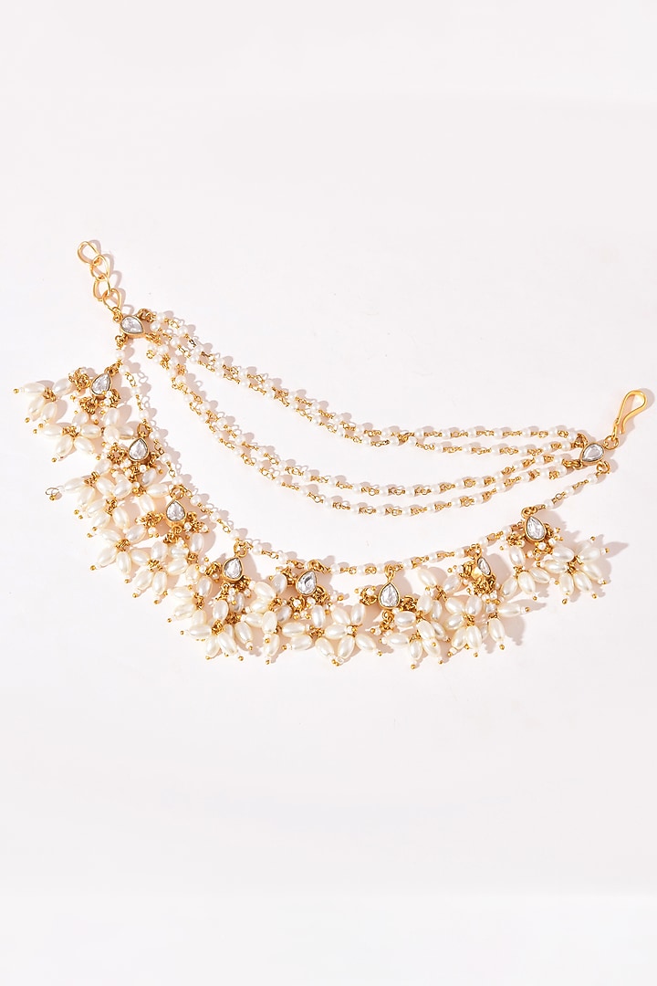 Gold Finish White Kundan Polki Ear Chains by Adityam Jewels at Pernia's Pop Up Shop