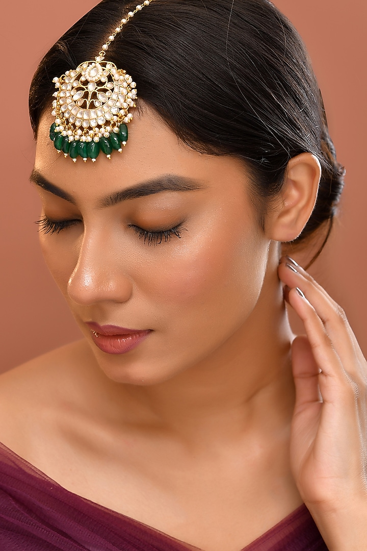 Gold Finish Green Kundan Polki Maangtikka by Adityam Jewels at Pernia's Pop Up Shop