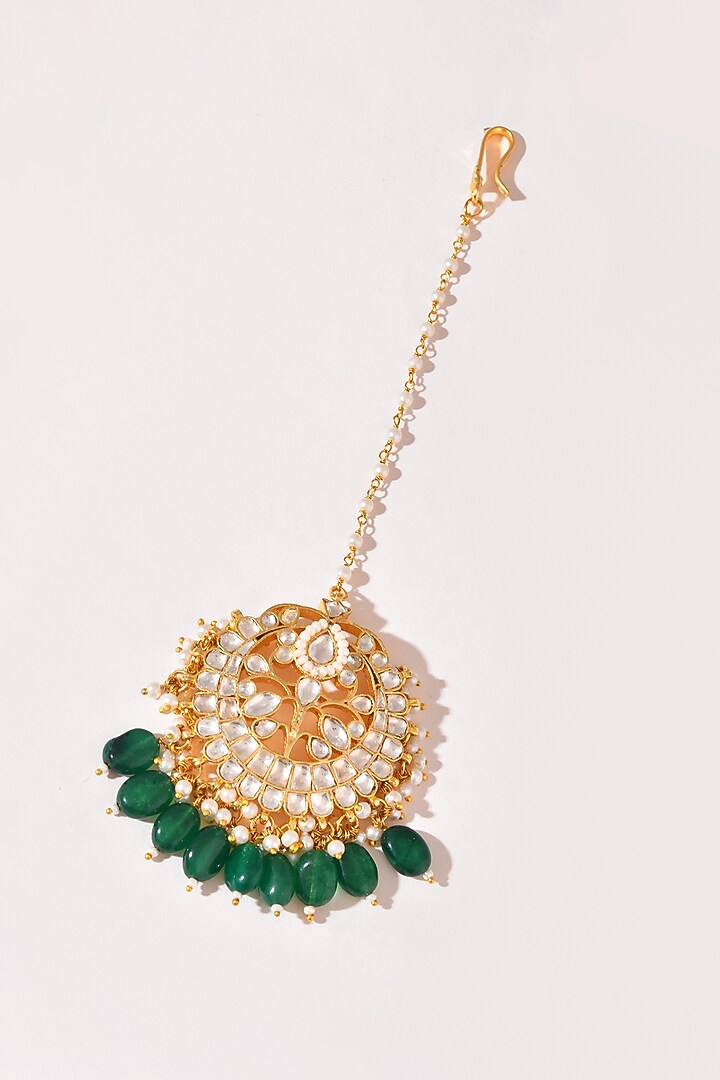 Gold Finish Green Kundan Polki Maangtikka by Adityam Jewels at Pernia's Pop Up Shop