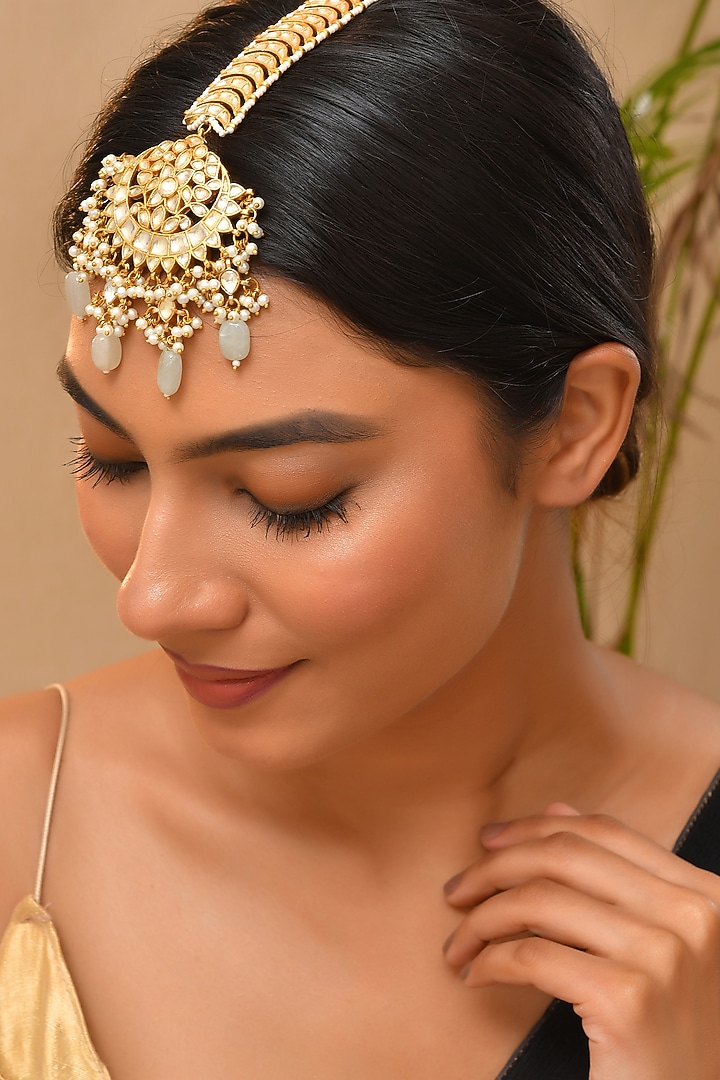 Gold Finish Kundan Polki Maangtikka by Adityam Jewels at Pernia's Pop Up Shop