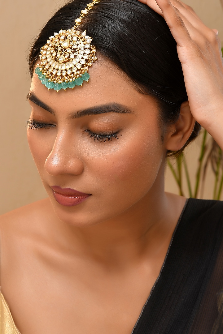 Gold Finish Green Kundan Polki Maangtikka by Adityam Jewels at Pernia's Pop Up Shop