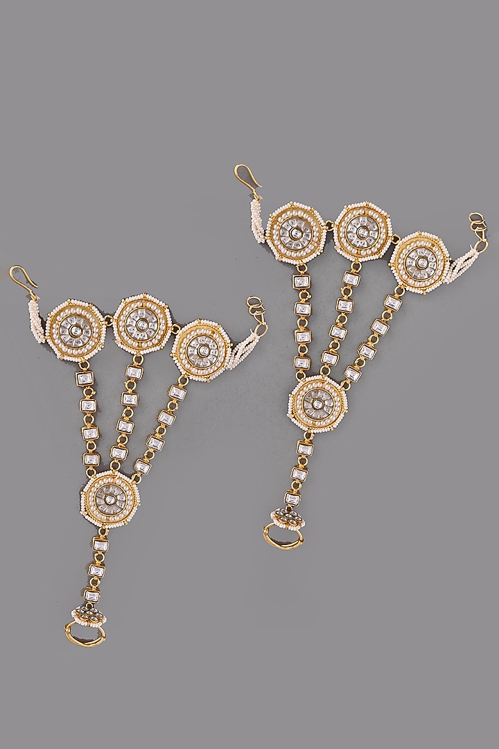 Gold Finish Kundan Polki Haathphools (Set Of 2) by Adityam Jewels at Pernia's Pop Up Shop