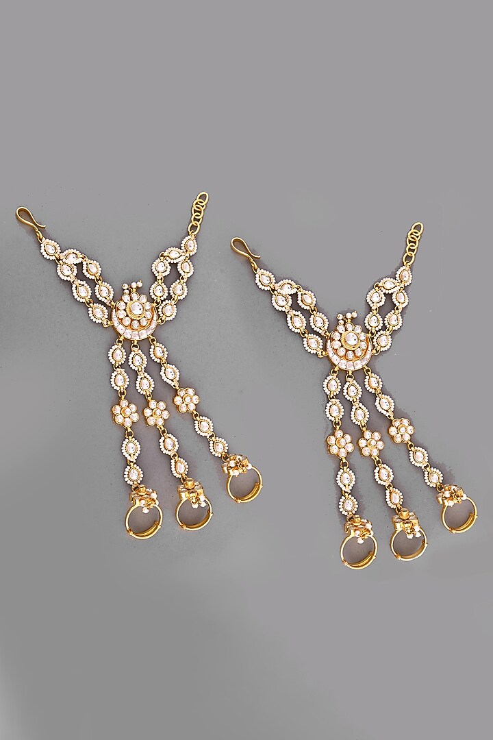 Gold Finish Kundan Polki Haathphools (Set Of 2) by Adityam Jewels at Pernia's Pop Up Shop