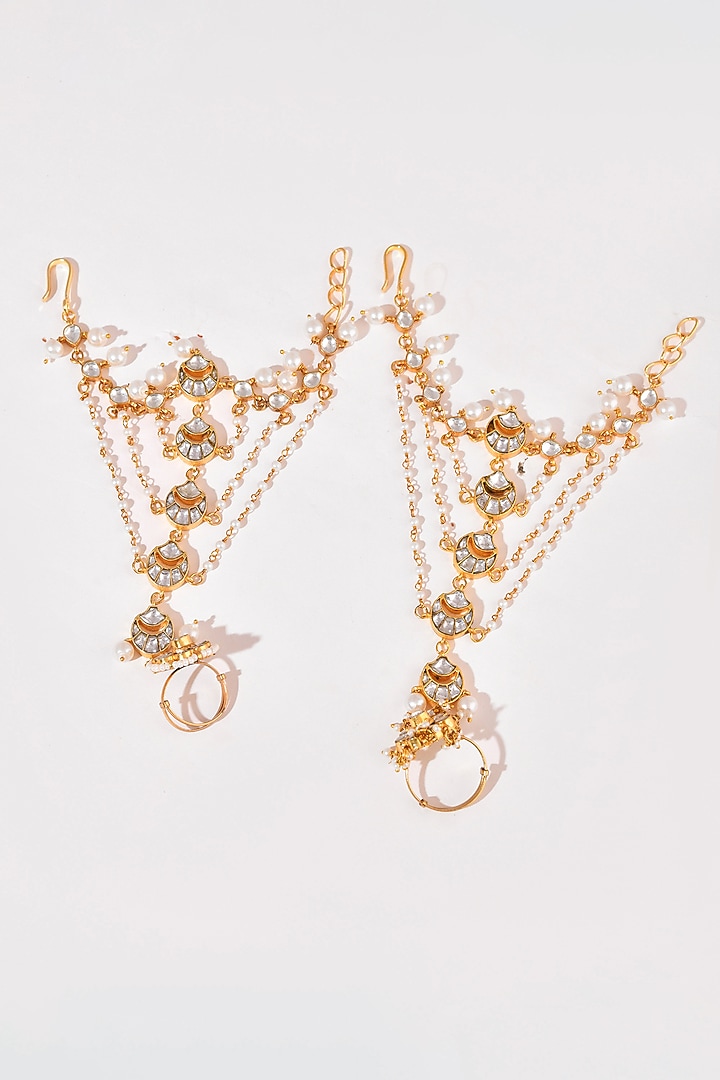 Gold Finish Kundan Polki Haathphools (Set Of 2) by Adityam Jewels at Pernia's Pop Up Shop