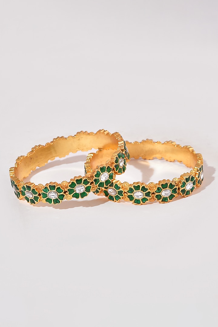 Gold Finish Green Kundan Polki Bangles (Set Of 2) by Adityam Jewels at Pernia's Pop Up Shop