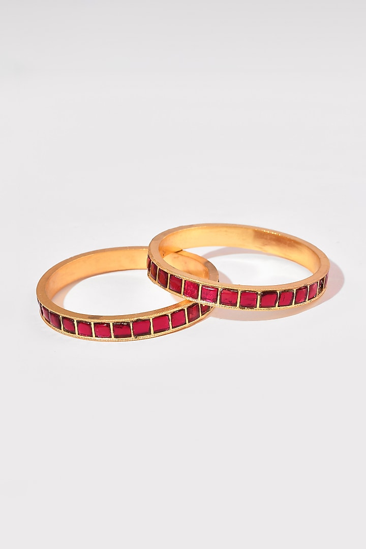 Gold Finish Red Kundan Polki Bangle (Set Of 2) by Adityam Jewels at Pernia's Pop Up Shop