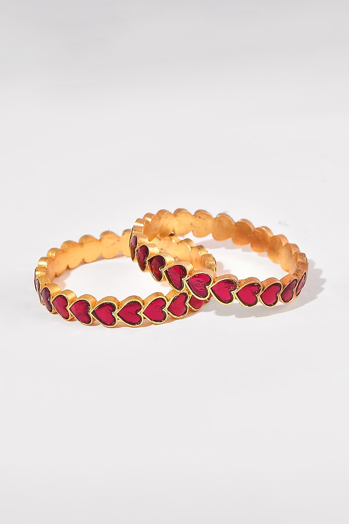 Gold Finish Red Kundan Polki Bangle (Set Of 2) by Adityam Jewels at Pernia's Pop Up Shop