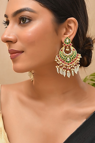 Gold Finish Green Kundan Polki Chandbali Earrings by Adityam Jewels