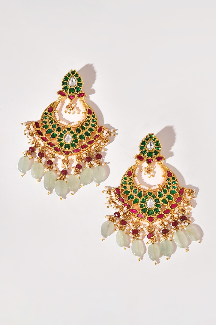 Gold Finish Green Kundan Polki Chandbali Earrings by Adityam Jewels at Pernia's Pop Up Shop
