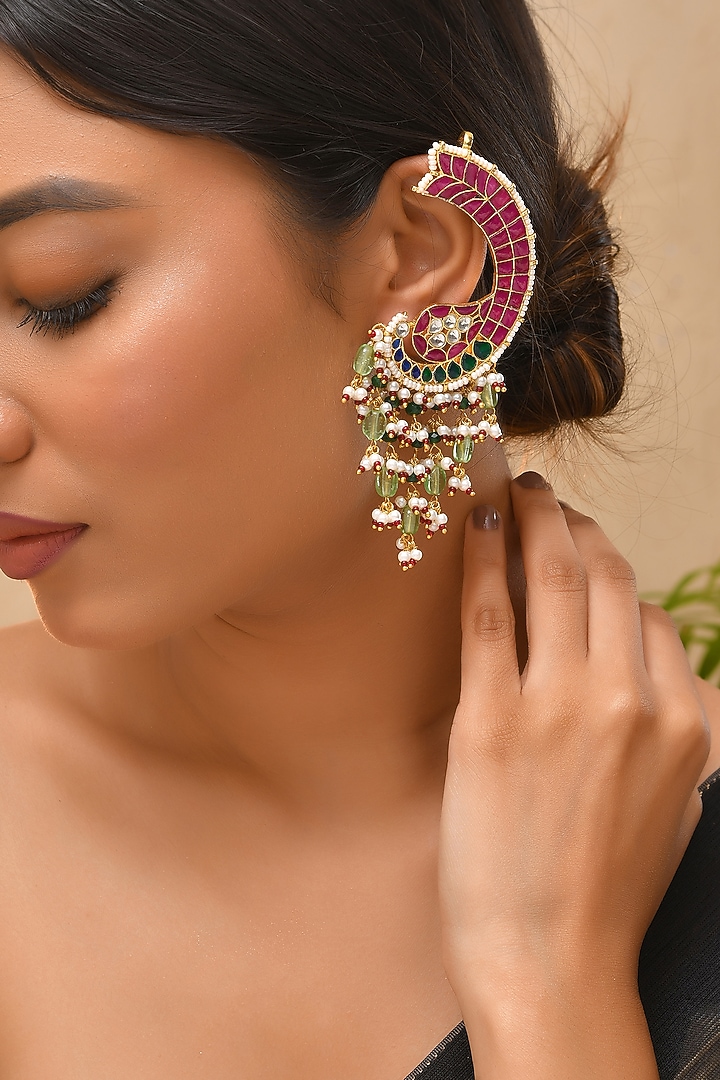 Gold Finish Multi-Colored Kundan Polki Earcuffs by Adityam Jewels at Pernia's Pop Up Shop