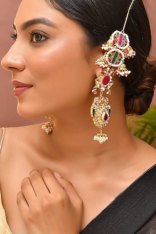 Gold Finish Multi-Colored Kundan Polki Kashmiri-Style Dangler Earrings by Adityam Jewels