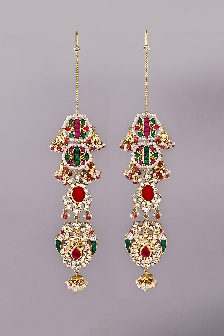Gold Finish Multi-Colored Kundan Polki Kashmiri-Style Dangler Earrings by Adityam Jewels at Pernia's Pop Up Shop