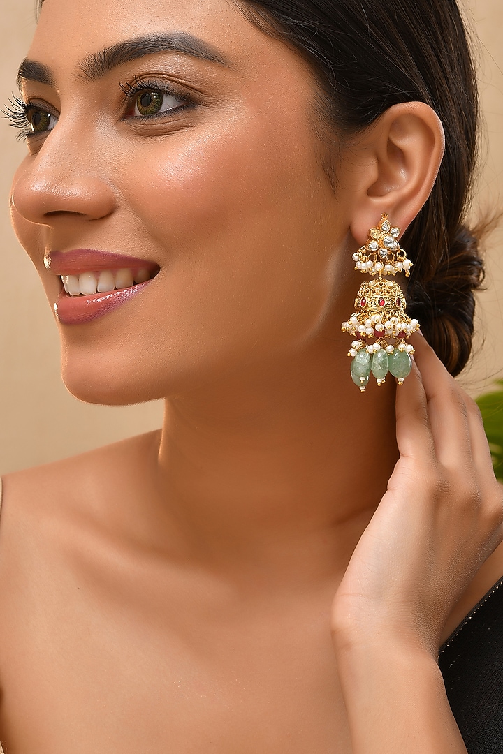Gold Finish Multi-Colored Kundan Polki Jhumka Earrings by Adityam Jewels at Pernia's Pop Up Shop